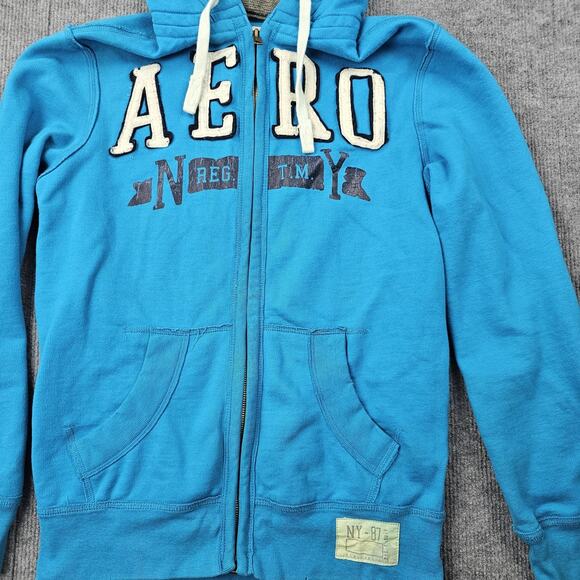 Vintage Aeropostale Hoodie Mens Small Blue Y2K Full Zip AERO Embroidered Fleece - Picture 2 of 6